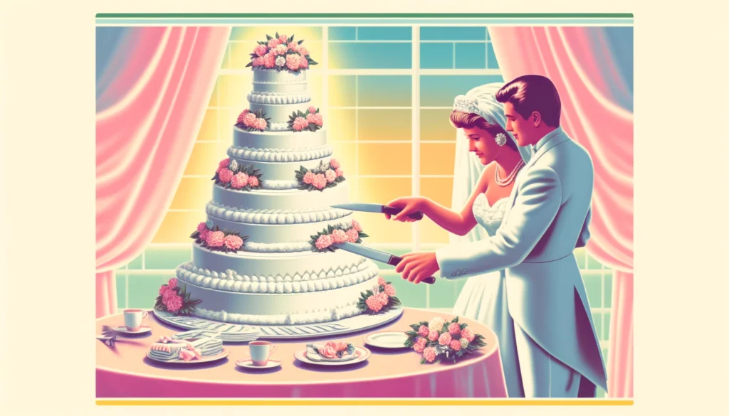 retro style couple cutting a white wedding cake pastel colours