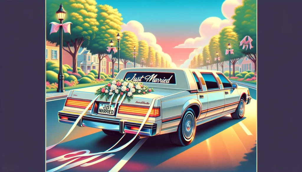 retro style limo with a just married sign