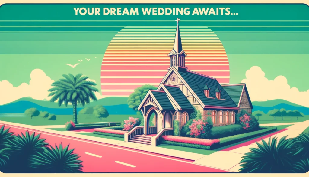 retro style wedding chapel in pastel colours
